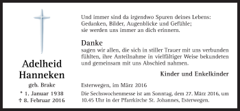 Traueranzeige von Adelheid Hanneken von Neue Osnabrücker Zeitung GmbH & Co. KG