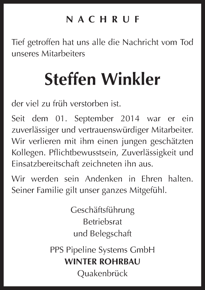  Traueranzeige für Steffen Winkler vom 04.03.2016 aus Neue Osnabrücker Zeitung GmbH & Co. KG