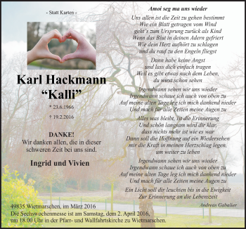 Traueranzeige von Karl Hackmann von Neue Osnabrücker Zeitung GmbH & Co. KG