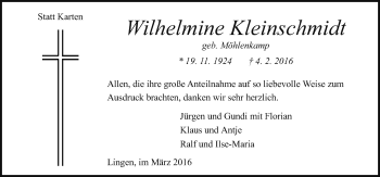 Traueranzeige von Wilhelmine Kleinschmidt von Neue Osnabrücker Zeitung GmbH & Co. KG