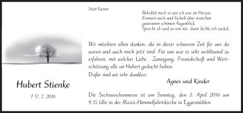 Traueranzeige von Hubert Stienke von Neue Osnabrücker Zeitung GmbH & Co. KG