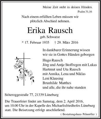 Traueranzeige von Erika Rausch von Neue Osnabrücker Zeitung GmbH & Co. KG