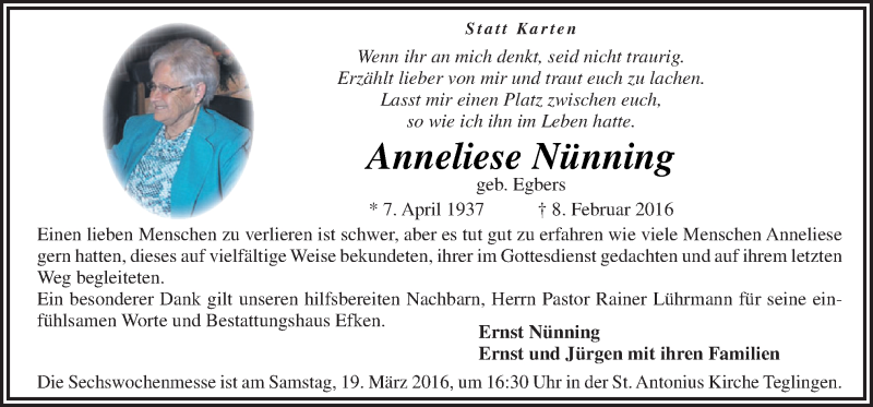  Traueranzeige für Anneliese Nünning vom 16.03.2016 aus Neue Osnabrücker Zeitung GmbH & Co. KG