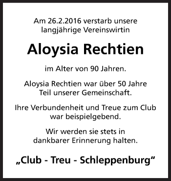 Traueranzeige von Aloysia Rechtien von Neue Osnabrücker Zeitung GmbH & Co. KG