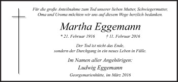 Traueranzeige von Martha Eggemann von Neue Osnabrücker Zeitung GmbH & Co. KG