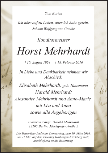 Traueranzeige von Horst Mehrhardt von Neue Osnabrücker Zeitung GmbH & Co. KG