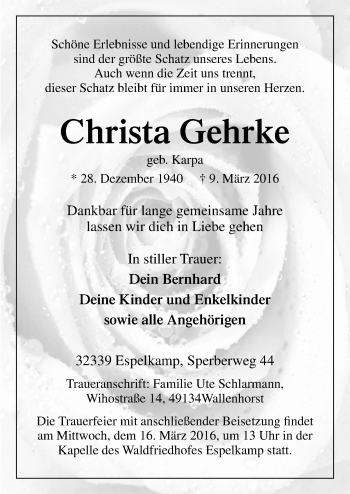 Traueranzeige von Christa Gehrke von Neue Osnabrücker Zeitung GmbH & Co. KG