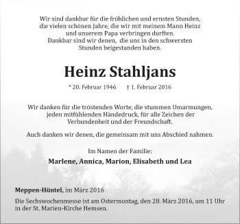 Traueranzeige von Heinz Stahlfans von Neue Osnabrücker Zeitung GmbH & Co. KG