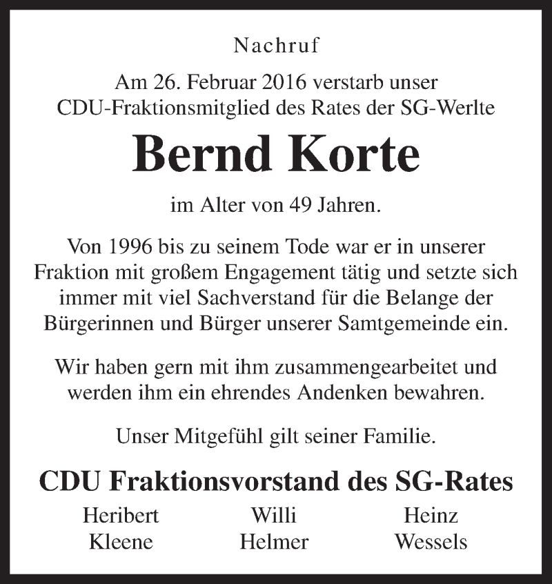 Traueranzeige für Bernd Korte vom 03.03.2016 aus Neue Osnabrücker Zeitung GmbH & Co. KG