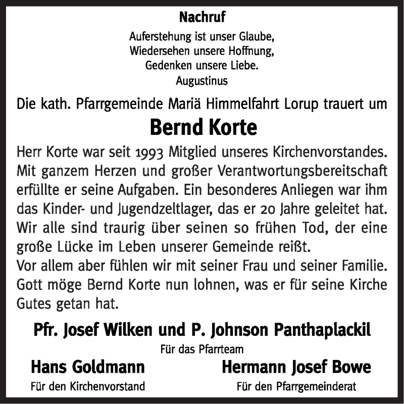 Traueranzeige für Bernd Korte vom 03.03.2016 aus Neue Osnabrücker Zeitung GmbH & Co. KG