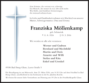 Traueranzeige von Franziska Möllenkamp von Neue Osnabrücker Zeitung GmbH & Co. KG