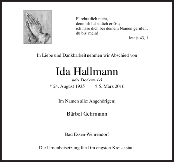 Traueranzeige von Ida Hallmann von Neue Osnabrücker Zeitung GmbH & Co. KG