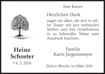 Traueranzeige von Heinz Schoster von Neue Osnabrücker Zeitung GmbH & Co. KG