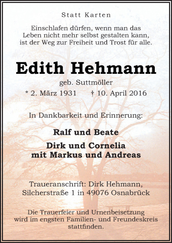 Traueranzeige von Edith Hehmann von Neue Osnabrücker Zeitung GmbH & Co. KG