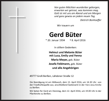 Traueranzeige von Gerd Büter von Neue Osnabrücker Zeitung GmbH & Co. KG