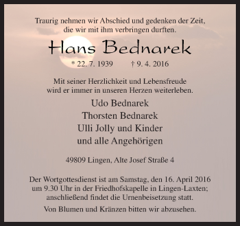 Traueranzeige von Hans Bednarek von Neue Osnabrücker Zeitung GmbH & Co. KG