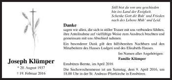 Traueranzeige von Joseph Klümper von Neue Osnabrücker Zeitung GmbH & Co. KG