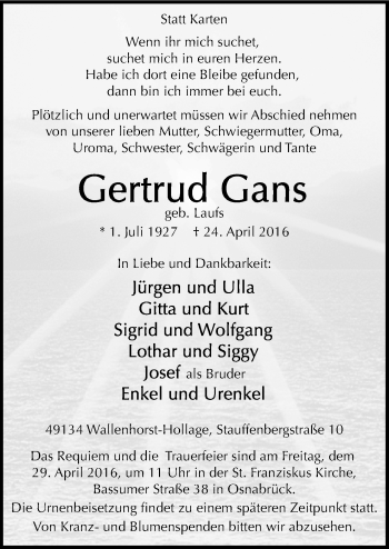 Traueranzeige von Gertrud Gans von Neue Osnabrücker Zeitung GmbH & Co. KG