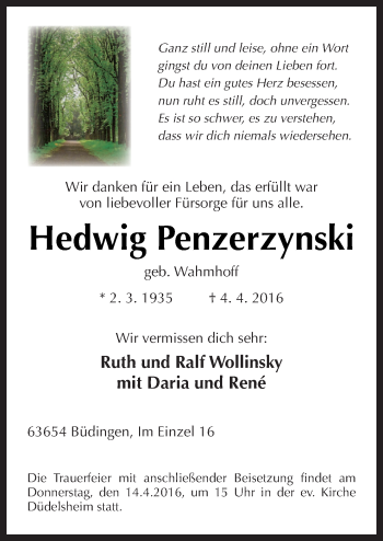 Traueranzeige von Hedwig Penzerzynski von Neue Osnabrücker Zeitung GmbH & Co. KG