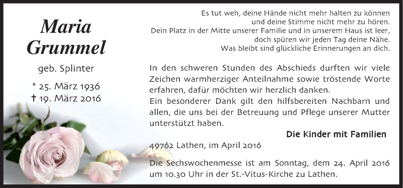  Traueranzeige für Maria Grummel vom 20.04.2016 aus Neue Osnabrücker Zeitung GmbH & Co. KG