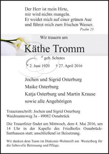 Traueranzeige von Käthe Tromm von Neue Osnabrücker Zeitung GmbH & Co. KG