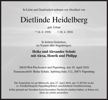 Traueranzeige von Dietlinde Heidelberg von Neue Osnabrücker Zeitung GmbH & Co. KG