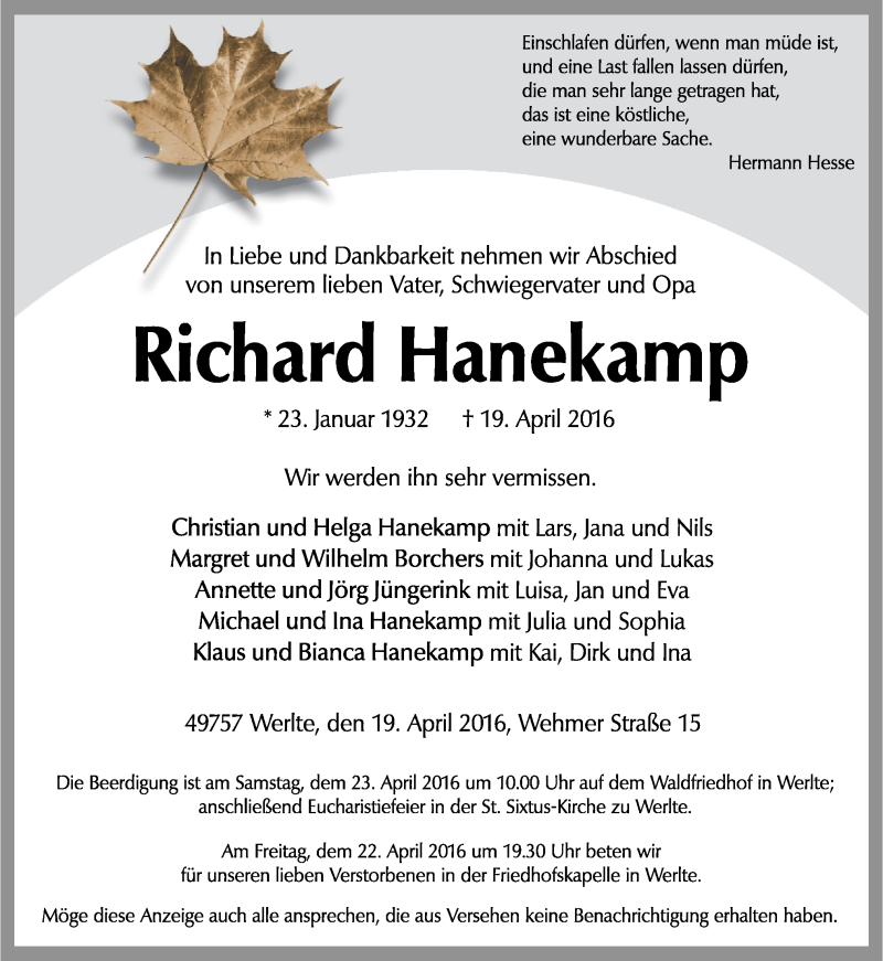  Traueranzeige für Richard Hanekamp vom 21.04.2016 aus Neue Osnabrücker Zeitung GmbH & Co. KG