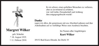Traueranzeige von Margret Wilker von Neue Osnabrücker Zeitung GmbH & Co. KG