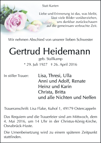 Traueranzeige von Gertrud Heidemann von Neue Osnabrücker Zeitung GmbH & Co. KG