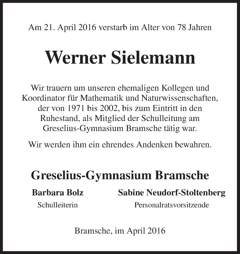  Traueranzeige für Werner Sielemann vom 28.04.2016 aus Neue Osnabrücker Zeitung GmbH & Co. KG
