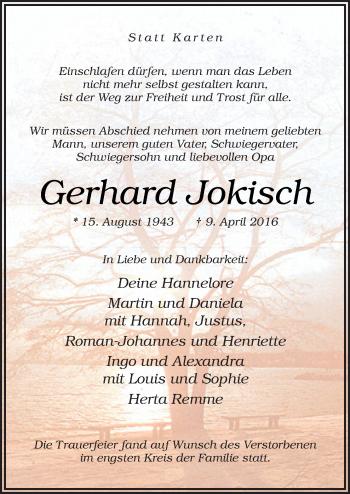 Traueranzeige von Gerhard Jokisch von Neue Osnabrücker Zeitung GmbH & Co. KG