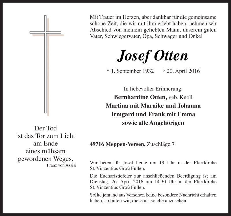  Traueranzeige für Josef Otten vom 22.04.2016 aus Neue Osnabrücker Zeitung GmbH & Co. KG