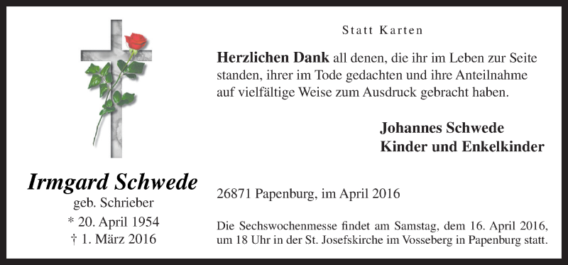  Traueranzeige für Irmgard Schwede vom 13.04.2016 aus Neue Osnabrücker Zeitung GmbH & Co. KG