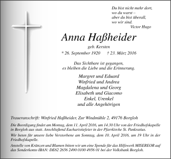 Traueranzeige von Anna Haßheider von Neue Osnabrücker Zeitung GmbH & Co. KG