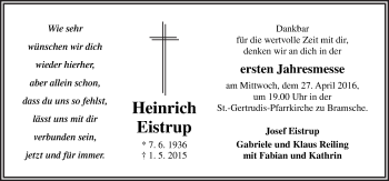 Traueranzeige von Heinrich Eistrup von Neue Osnabrücker Zeitung GmbH & Co. KG