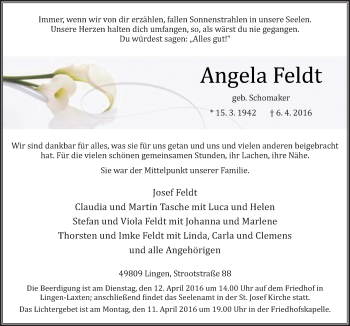 Traueranzeige von Angela Feldt von Neue Osnabrücker Zeitung GmbH & Co. KG