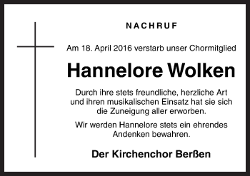 Traueranzeige von Hannelore Wolken von Neue Osnabrücker Zeitung GmbH & Co. KG