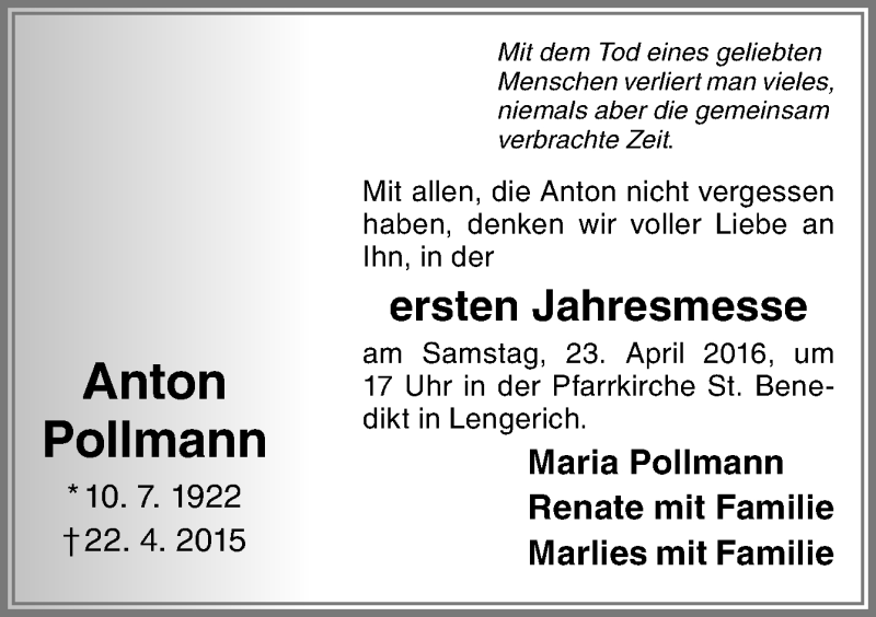  Traueranzeige für Anton Pollmann vom 19.04.2016 aus Neue Osnabrücker Zeitung GmbH & Co. KG