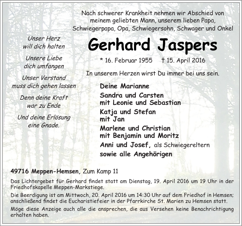  Traueranzeige für Gerhard Jaspers vom 18.04.2016 aus Neue Osnabrücker Zeitung GmbH & Co. KG