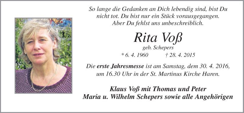  Traueranzeige für Rita Voß vom 28.04.2016 aus Neue Osnabrücker Zeitung GmbH & Co. KG