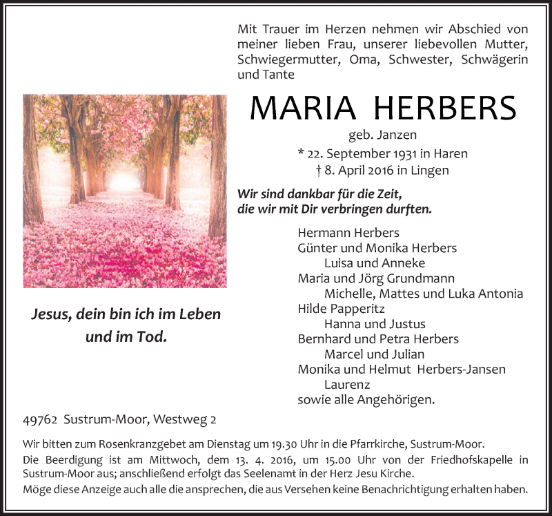  Traueranzeige für Maria Herbers vom 11.04.2016 aus Neue Osnabrücker Zeitung GmbH & Co. KG