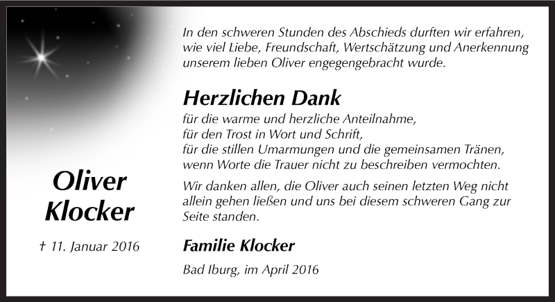  Traueranzeige für Oliver Klocker vom 27.04.2016 aus Neue Osnabrücker Zeitung GmbH & Co. KG