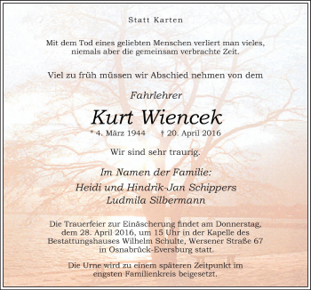 Traueranzeige von Kurt Wiencek von Neue Osnabrücker Zeitung GmbH & Co. KG