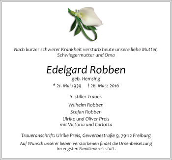 Traueranzeige von Edelgard Robben von Neue Osnabrücker Zeitung GmbH & Co. KG