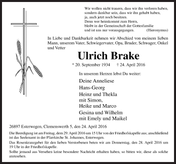 Traueranzeige von Ulrich Brake von Neue Osnabrücker Zeitung GmbH & Co. KG