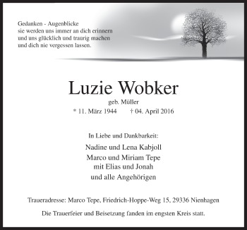 Traueranzeige von Luzie Wobker von Neue Osnabrücker Zeitung GmbH & Co. KG