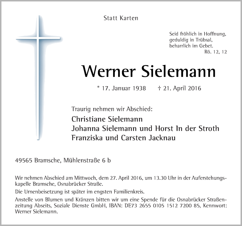  Traueranzeige für Werner Sielemann vom 25.04.2016 aus Neue Osnabrücker Zeitung GmbH & Co. KG