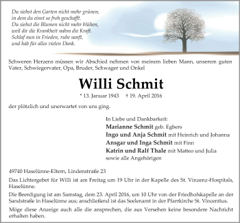 Traueranzeige von Willi Schmit von Neue Osnabrücker Zeitung GmbH & Co. KG