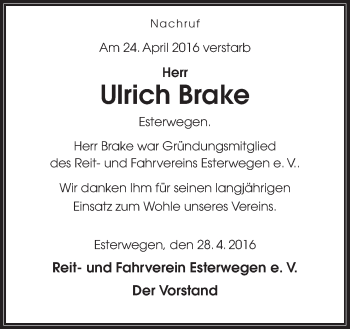 Traueranzeige von Ulrich Brake von Neue Osnabrücker Zeitung GmbH & Co. KG