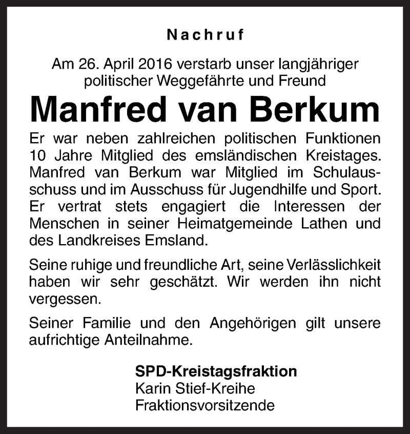  Traueranzeige für Manfred van Berkum vom 30.04.2016 aus Neue Osnabrücker Zeitung GmbH & Co. KG